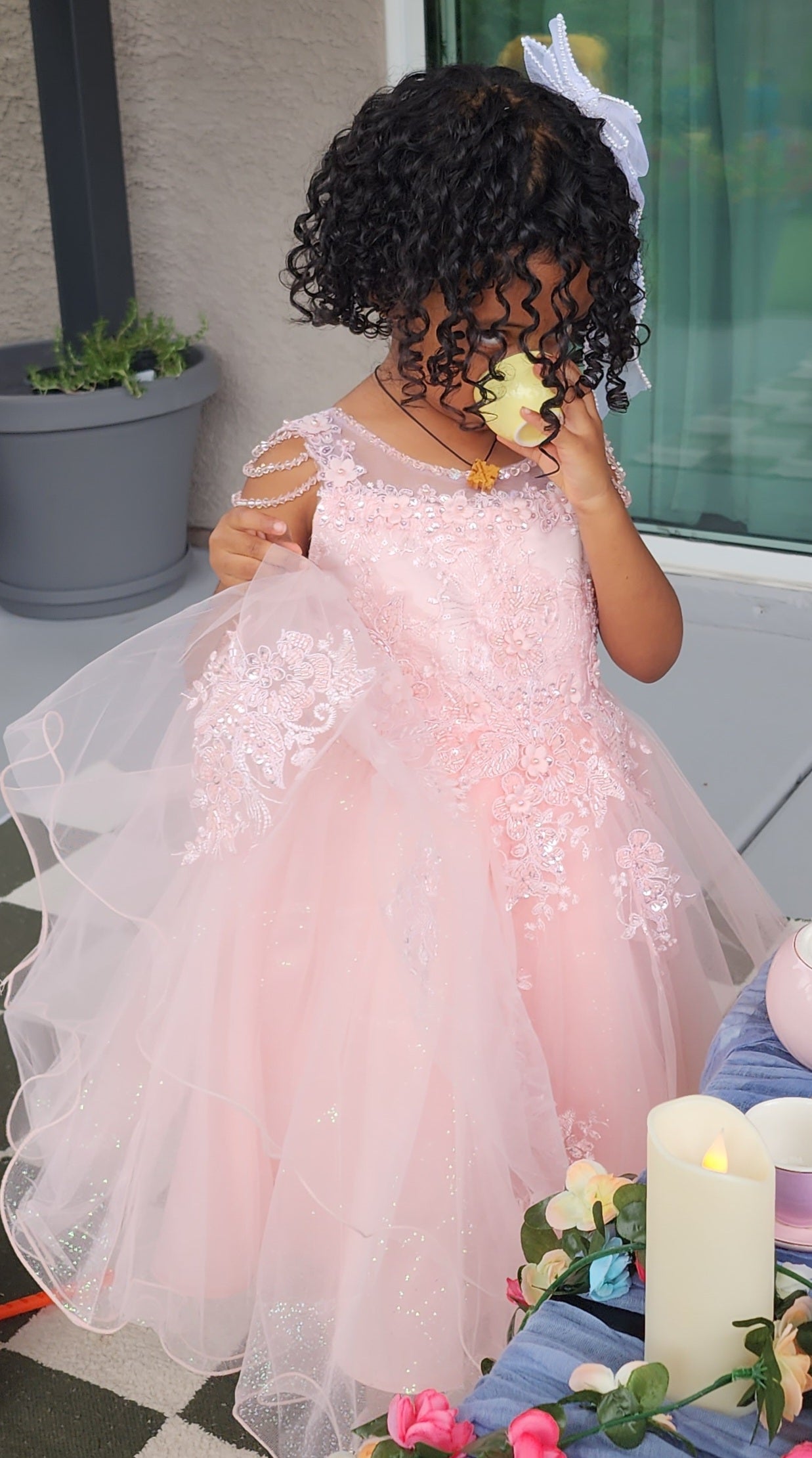 Elegant blush Lace Princess Dress with Shoulder Beads