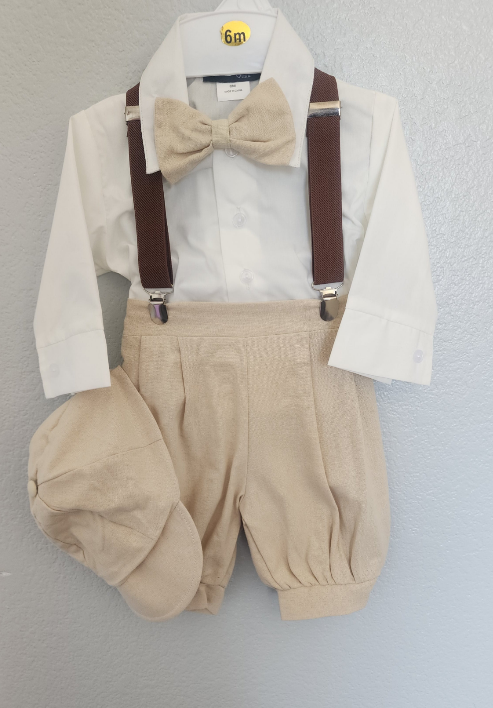 Stylish Baby Boy Outfit Set (0–24 Months) | Bow Tie, Suspenders & Cap