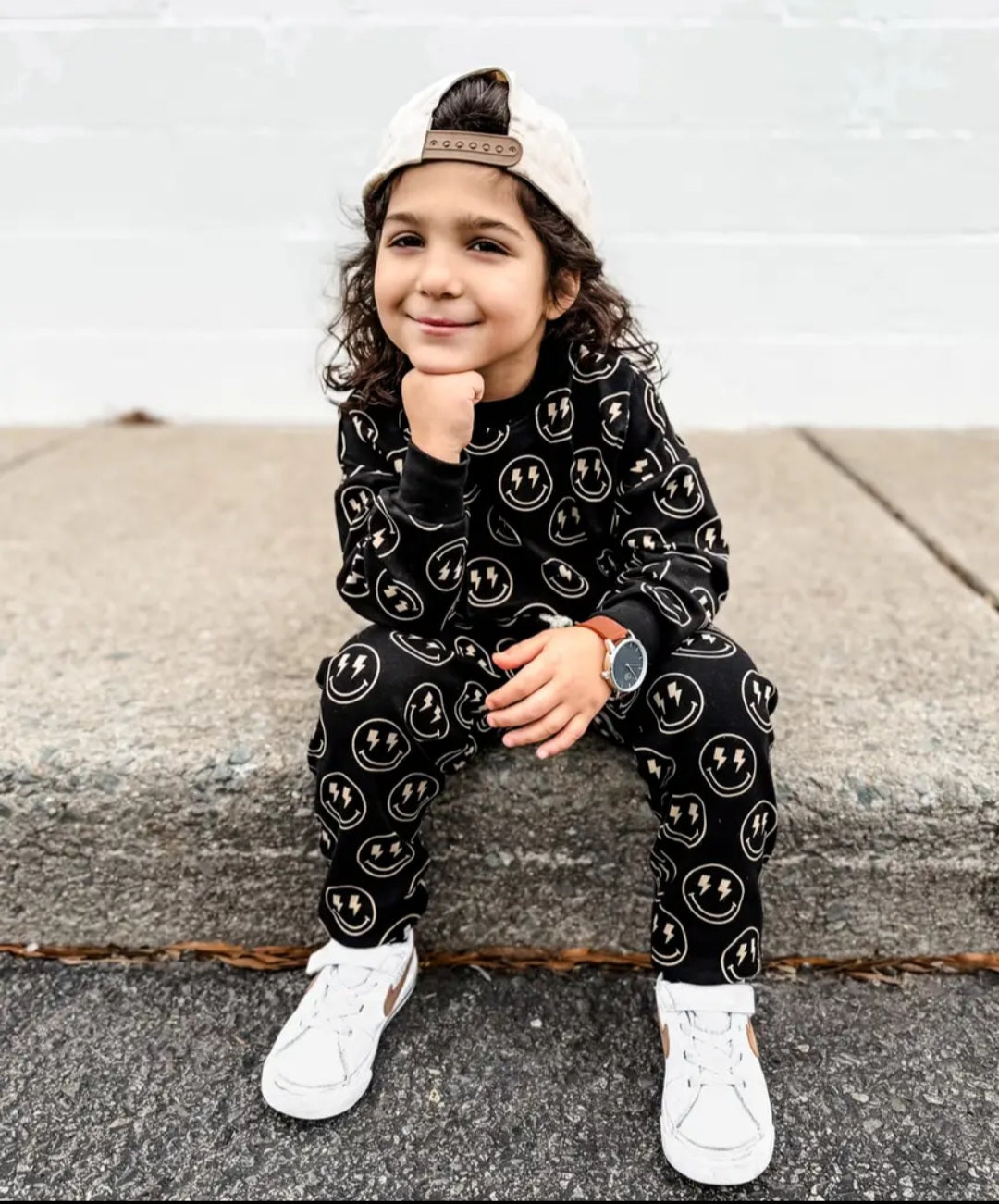 Trendy Black Smiley & Lightning Bolt Kids Sweatshirt and Jogger Set/Boys two piece sets