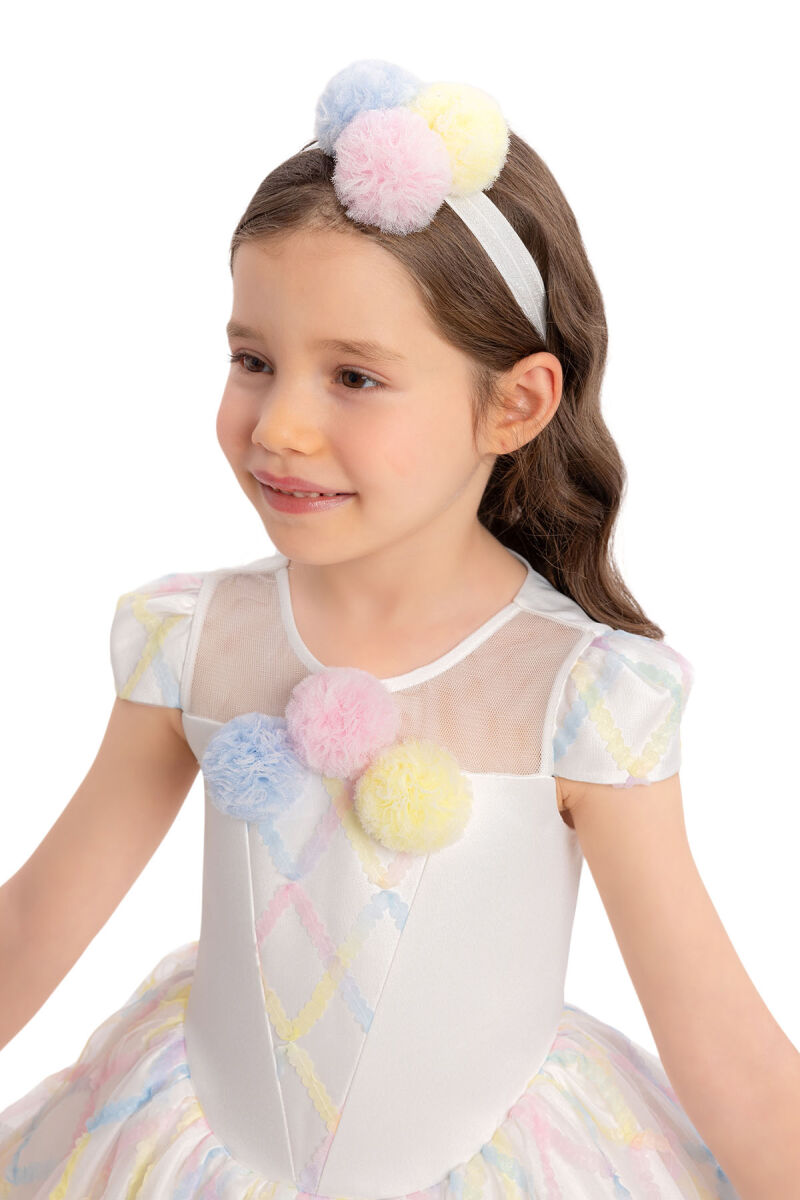 Pastel Rainbow Tutu Dress for Girls – First Birthday Party Outfit with Pom Pom Accents