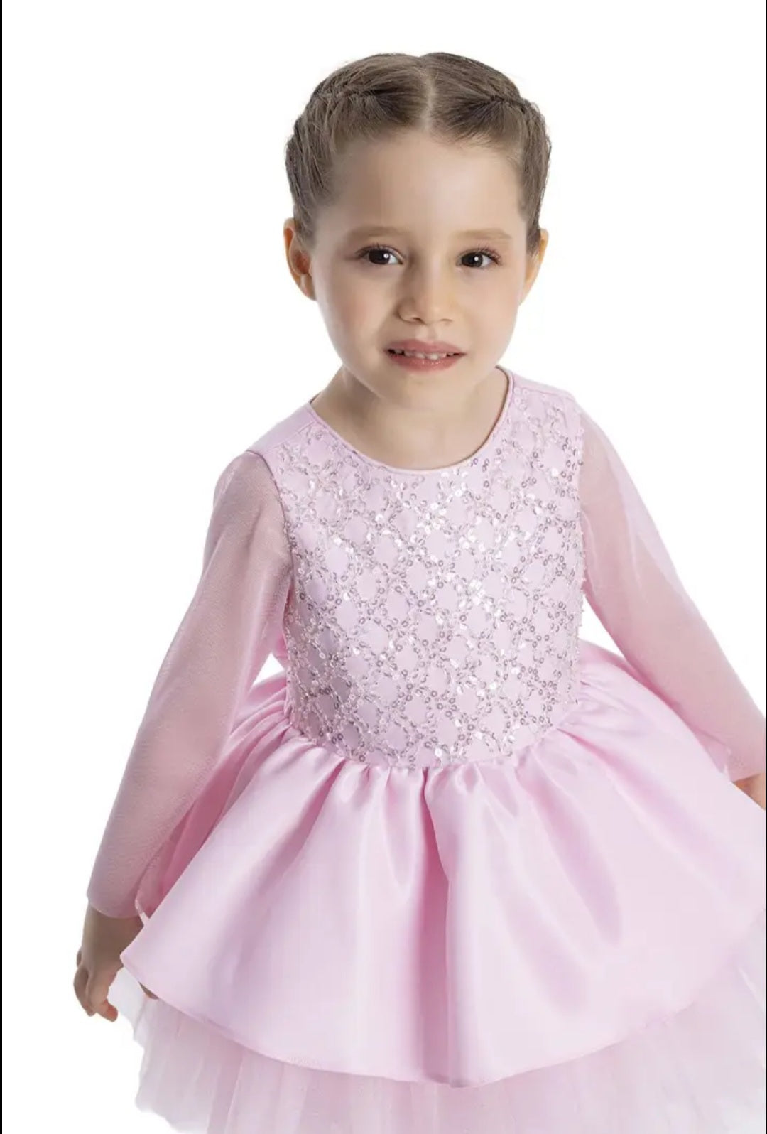 Baby Girl Pink Long Sleeve First Birthday Dress – Layered Tulle Party Dress