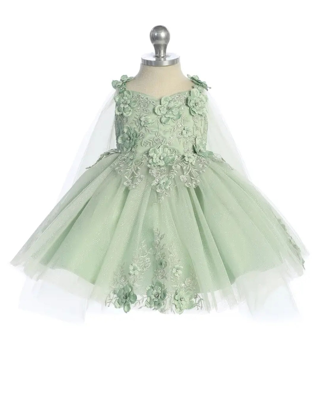 Enchanting 3D Floral Dress with Glitter Tulle Skirt & Detachable Cape