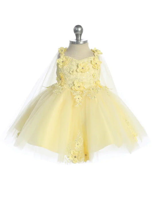 Enchanting 3D Floral Dress with Glitter Tulle Skirt & Detachable Cape