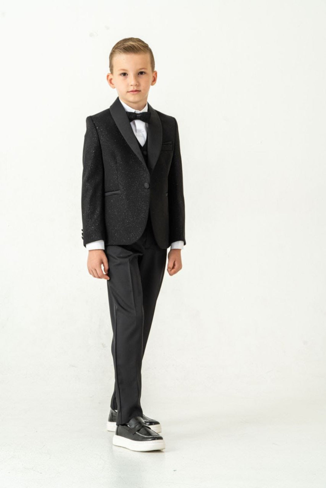 Boys 4-Piece Classic Black Tuxedo Set – Includes Coat, Vest, Pants & Bow Tie