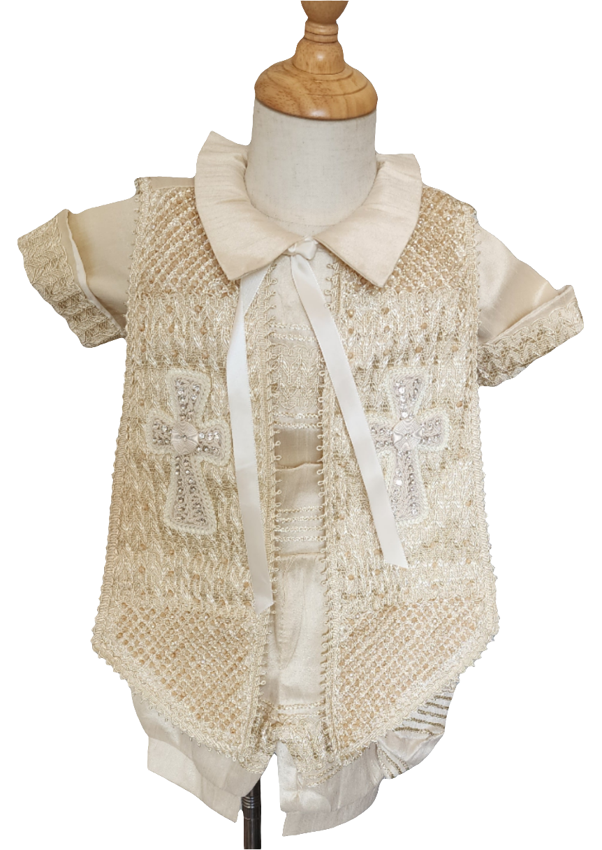 White, Ivory & Mocha Boy Baptism Christening Outfit