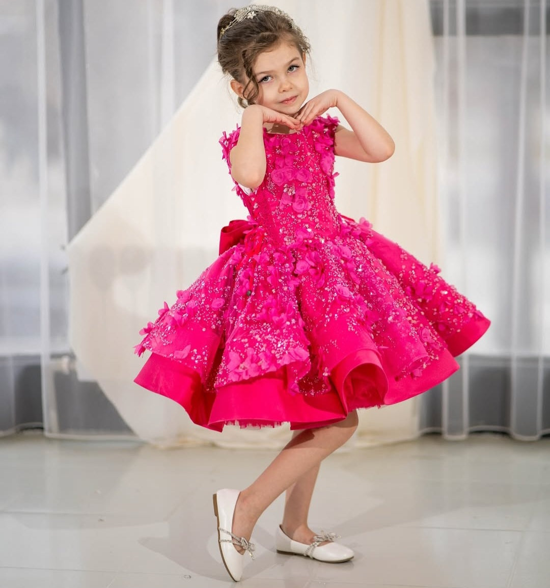 Girls Hot Pink Birthday & Party Dress – 3D Floral Appliqué, Sparkly Tulle, Bow Back, Short Sleeve