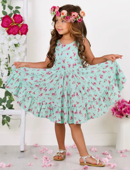 Mint Floral Twirl Dress for Girls – Spring & Summer Outfit