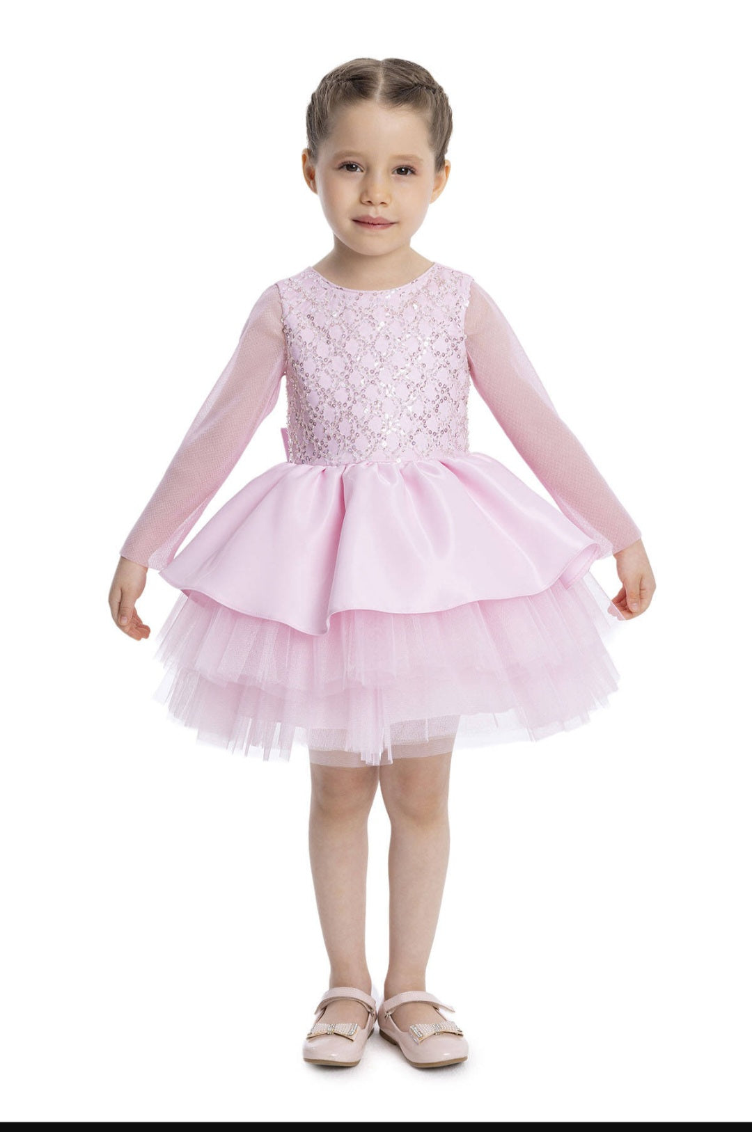 Baby Girl Pink Long Sleeve First Birthday Dress – Layered Tulle Party Dress