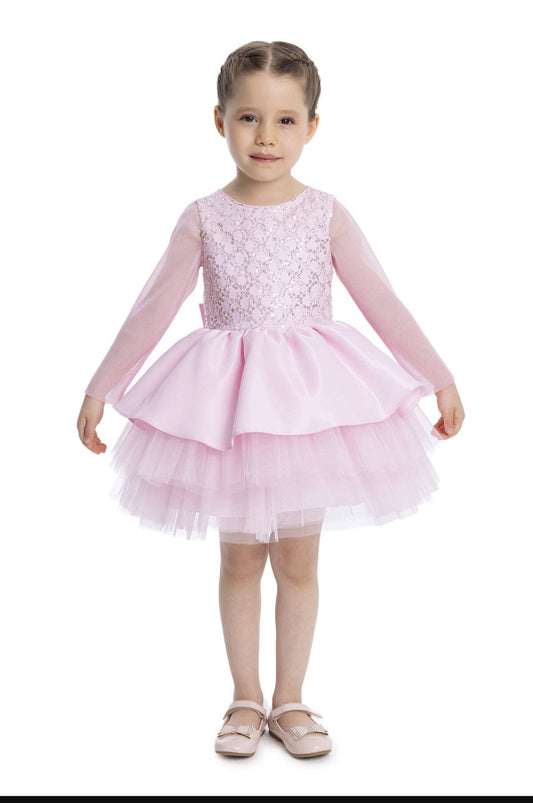 Baby Girl Pink Long Sleeve First Birthday Dress – Layered Tulle Party Dress