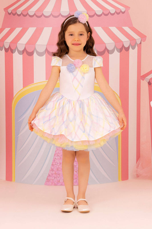 Pastel Rainbow Tutu Dress for Girls – First Birthday Party Outfit with Pom Pom Accents