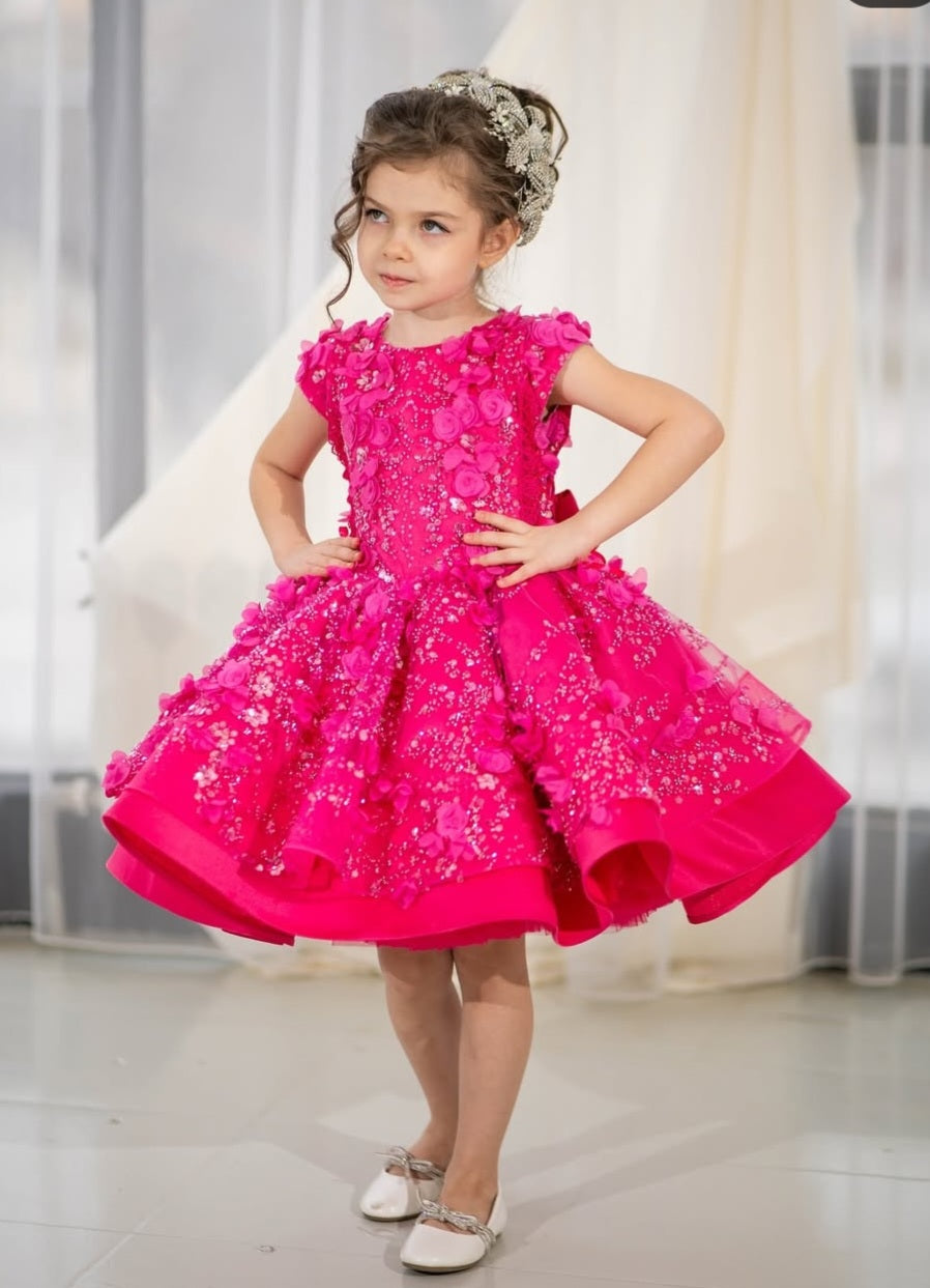 Girls Hot Pink Birthday & Party Dress – 3D Floral Appliqué, Sparkly Tulle, Bow Back, Short Sleeve
