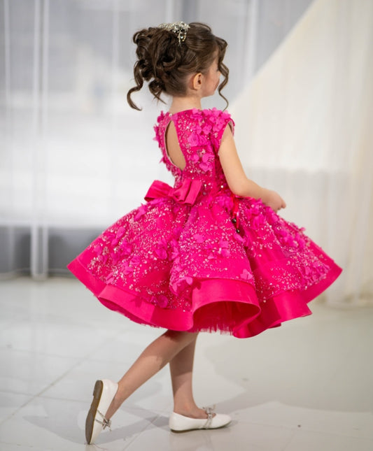 Girls Hot Pink Birthday & Party Dress – 3D Floral Appliqué, Sparkly Tulle, Bow Back, Short Sleeve