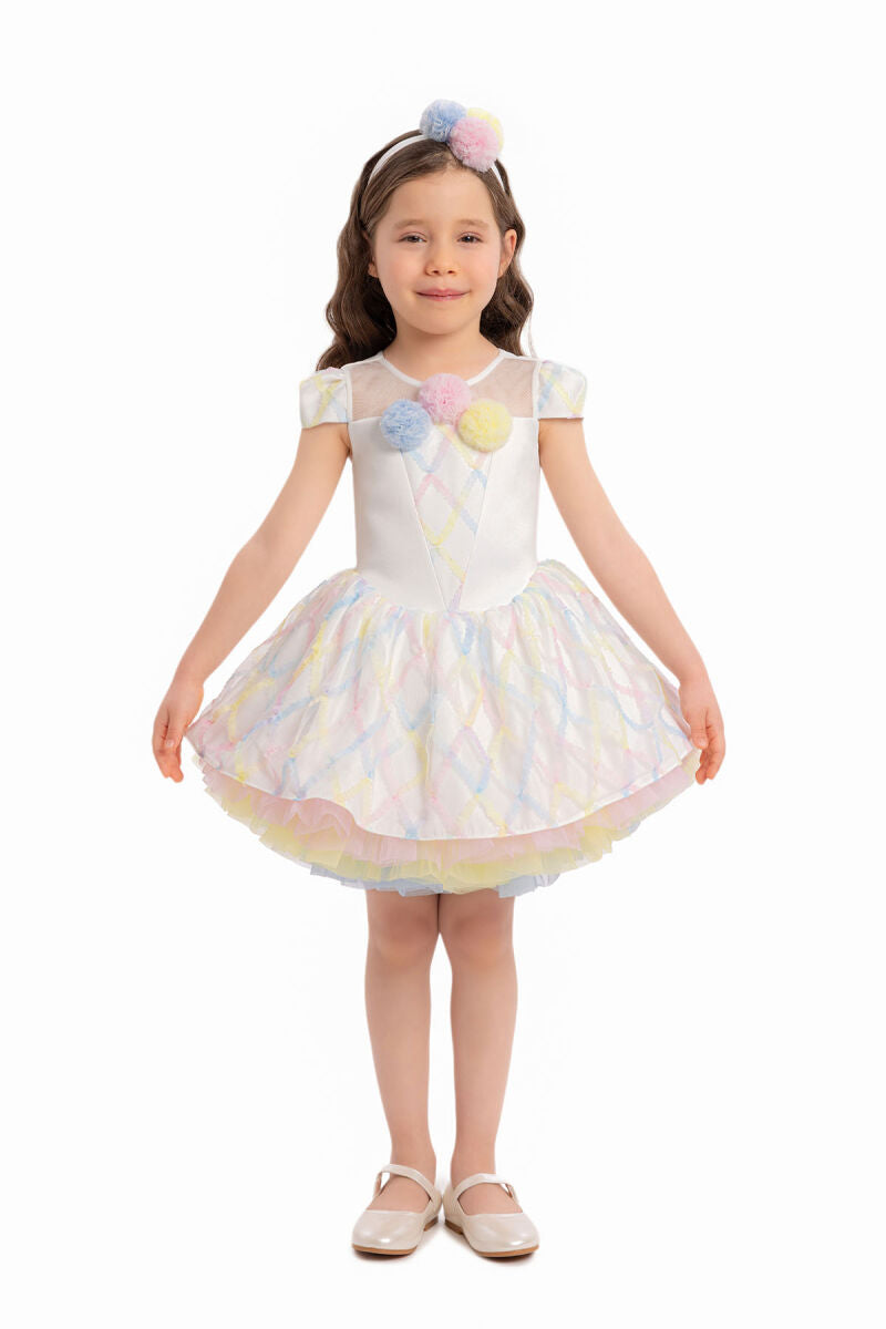 Pastel Rainbow Tutu Dress for Girls – First Birthday Party Outfit with Pom Pom Accents