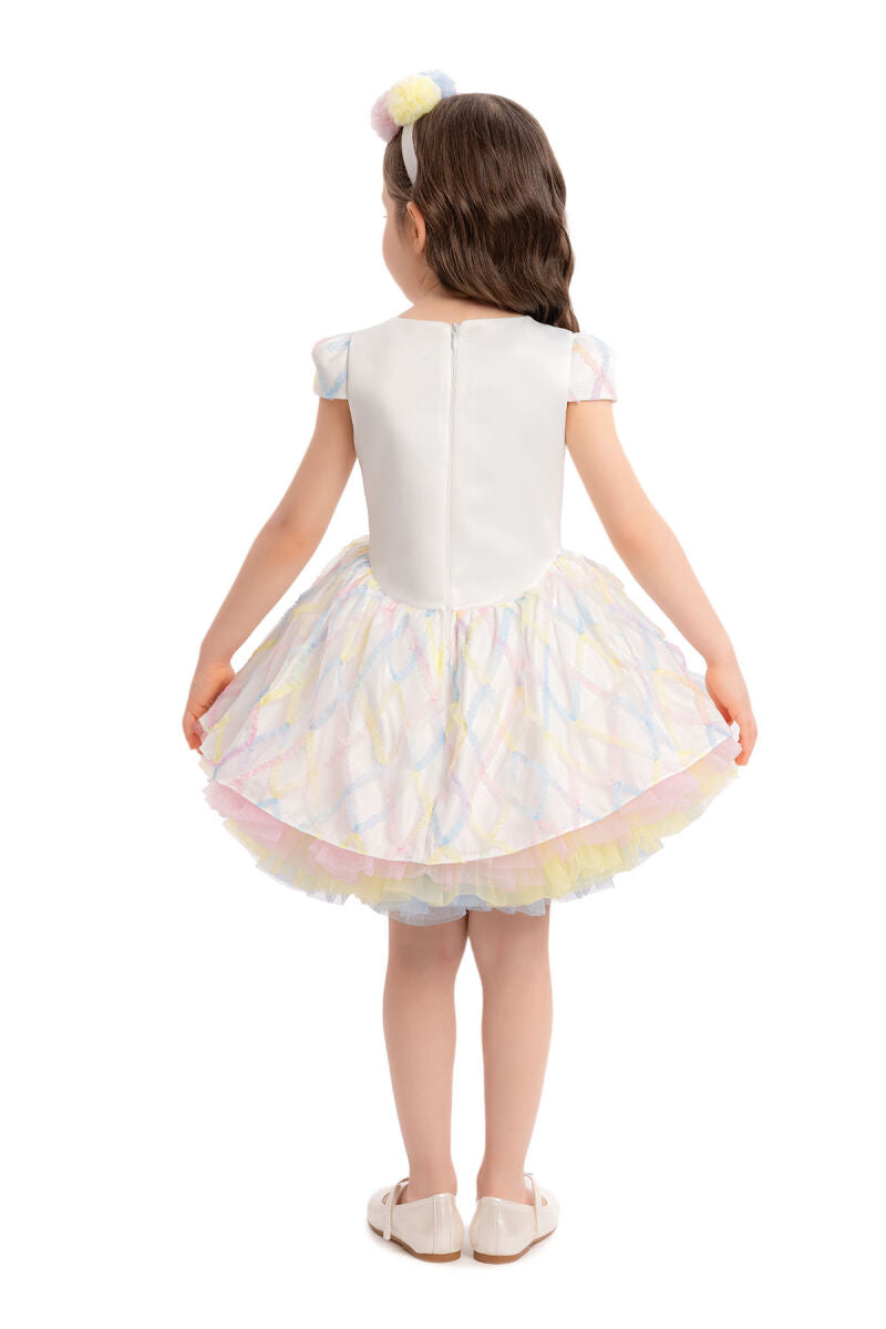 Pastel Rainbow Tutu Dress for Girls – First Birthday Party Outfit with Pom Pom Accents