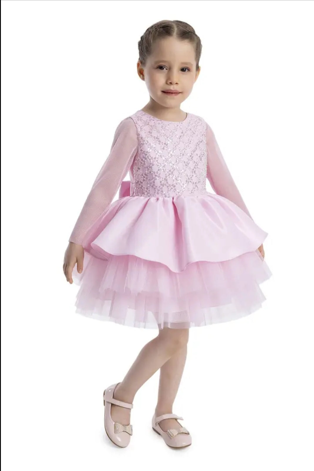 Baby Girl Pink Long Sleeve First Birthday Dress – Layered Tulle Party Dress